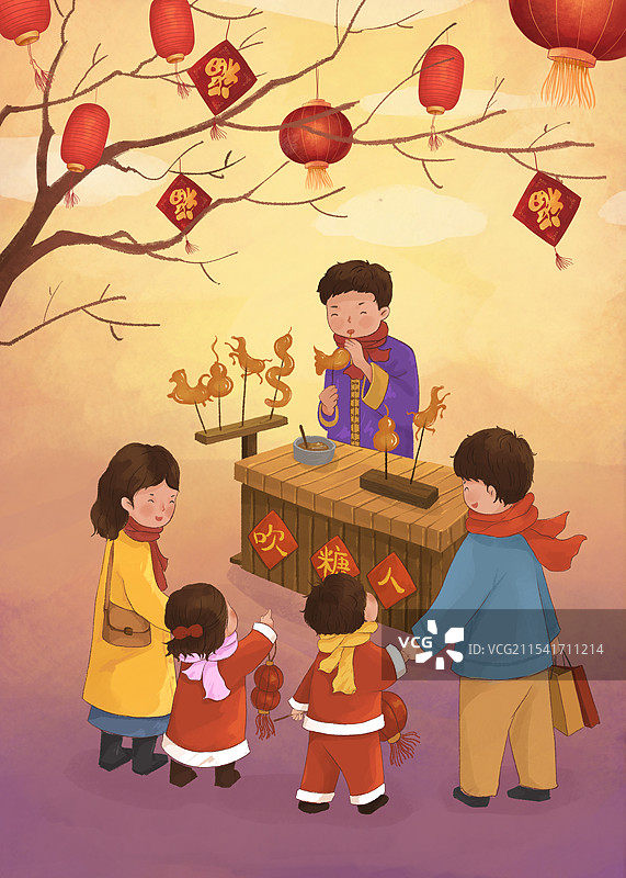年俗插画吹糖人2图片素材
