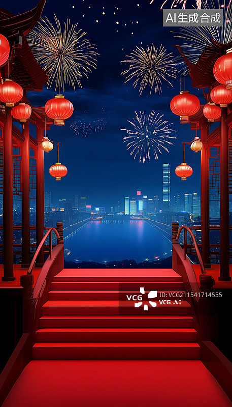 【AI数字艺术】春节夜晚烟花灯笼台阶插画图片素材