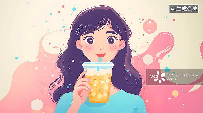 【AI数字艺术】喝奶茶插画图片素材
