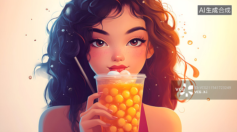 【AI数字艺术】喝奶茶插画图片素材