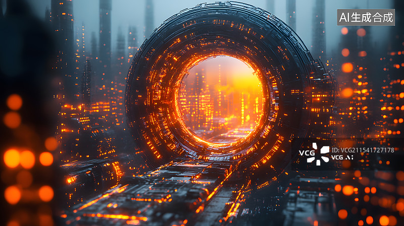 【AI数字艺术】科技赛博朋克展台城市电商海报未来构图透视图片素材