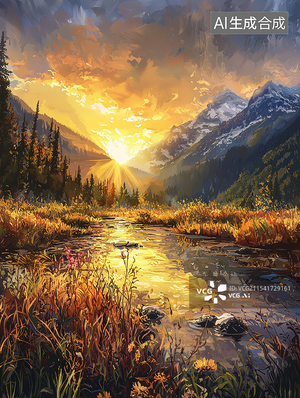 【AI数字艺术】金色草地与群山背景的乡村景观图片素材