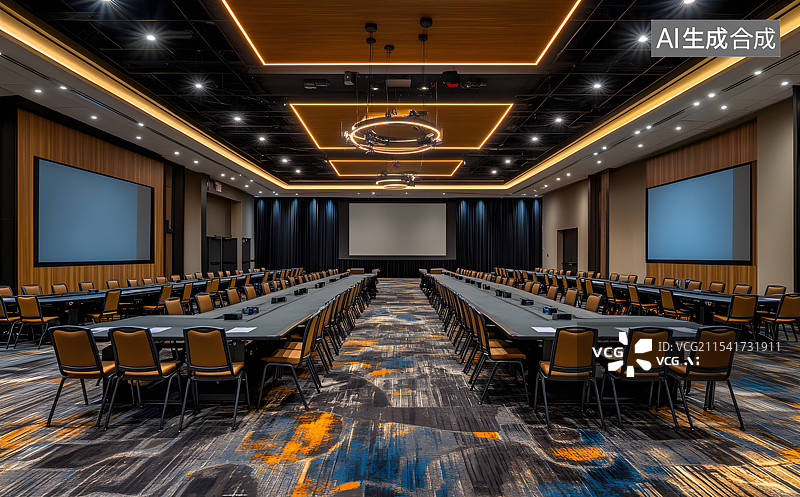 【AI数字艺术】现代室内家居装修华丽的会议室餐厅桌子椅子走廊灯具3D渲染效果图图片素材