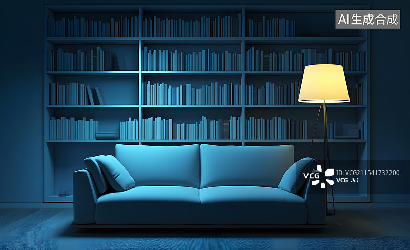 【AI数字艺术】现代室内家居渲染效果图夜晚的客厅起居室卧室书房沙发发光灯具书架生活场景图片素材