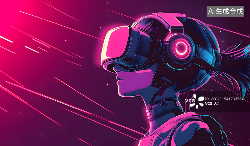 【AI数字艺术】头戴VR虚拟现实设备的女性头部特写侧脸赛博朋克图片素材