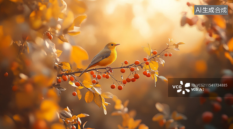 【AI数字艺术】秋天枝头上的小鸟图片素材