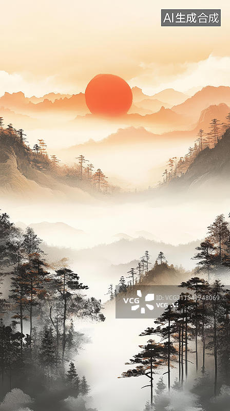 【AI数字艺术】云雾缭绕的日出山景图图片素材