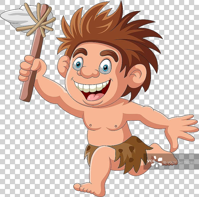 卡通年轻的穴居人拿着一根棍子图片素材