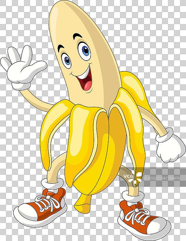 快乐的卡通香蕉吉祥物角色挥手致意图片素材