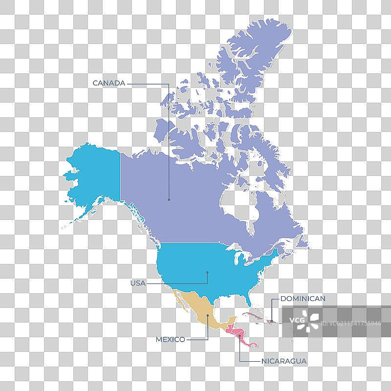 北美洲的平面地图，包含所有地区图片素材