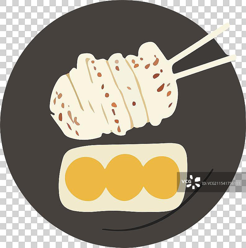 两根串串上放着烤好的肉块，摆放在深色盘子上图片素材