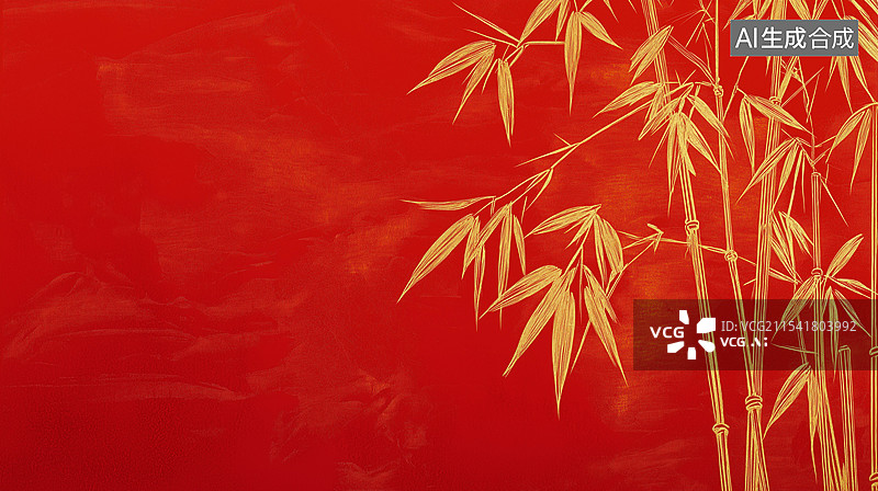 【AI数字艺术】金色竹叶红色喜庆背景图片素材