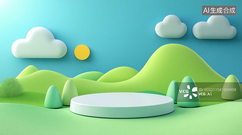 【AI数字艺术】插画风格的春天绿色产品展台图片素材