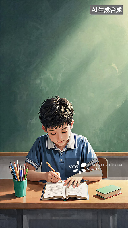 【AI数字艺术】开学了，一个小学生在教室里上课学习图片素材