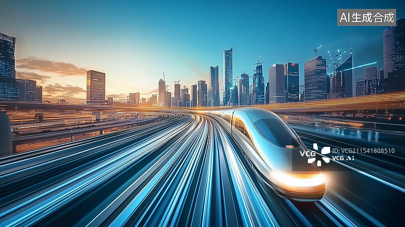 【AI数字艺术】高速列车穿越现代都市图片素材