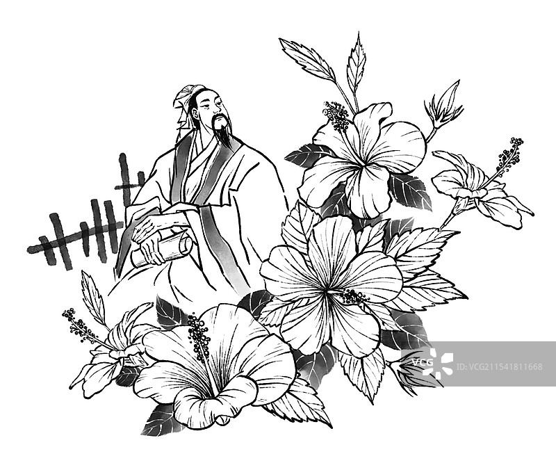 黑白线描速写 手绘 陶渊明 隐居 木槿花 田园生活 古代 居士 人物图片素材