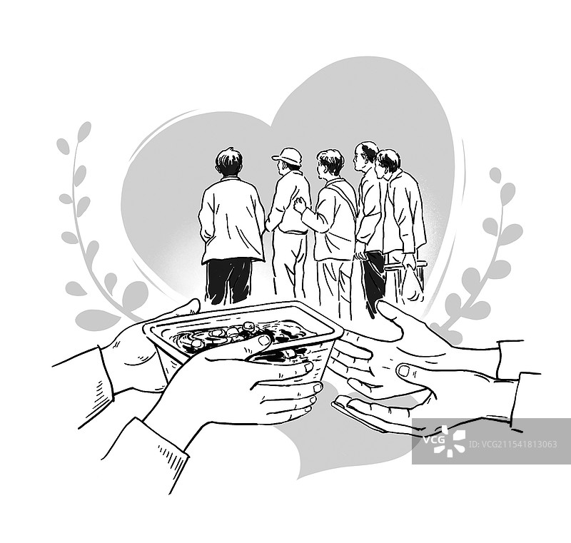 黑白线描速写 手绘 免费午餐 爱心 帮助 市民 关爱 呵护 社会 餐馆 盒饭图片素材