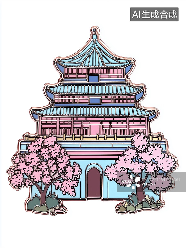 【AI数字艺术】胸扣设计，别针设计，国风饰品设计，2025年纪念款胸扣设计，梅花与宫殿款胸扣设计图片素材