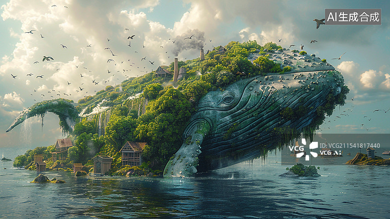 【AI数字艺术】海面上跃起的鲸鱼梦幻背景图片素材