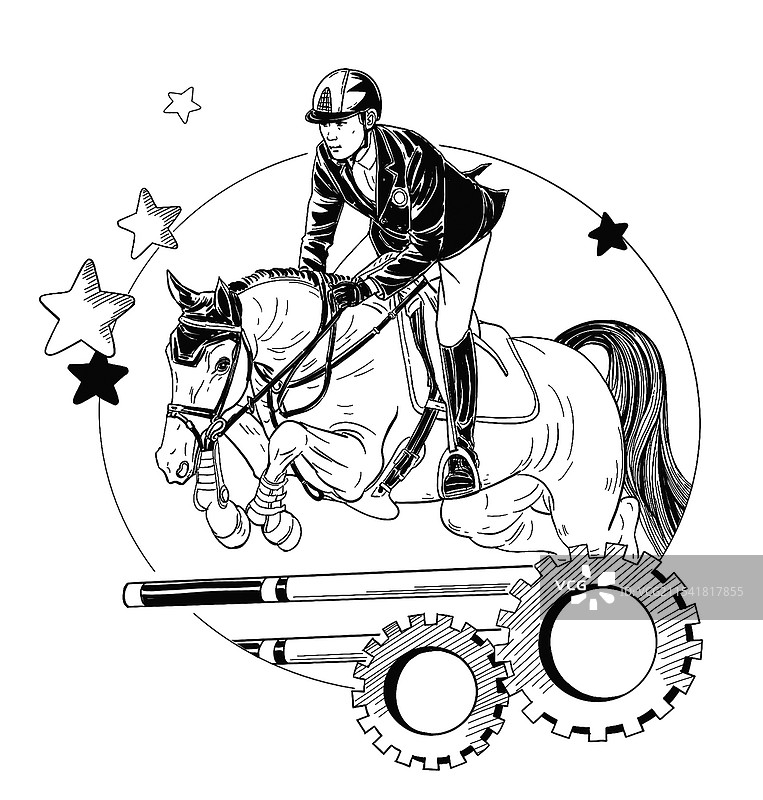黑白线描速写 手绘 骑马 励志故事 赛马 参赛 体育 马术比赛 中国 选手图片素材