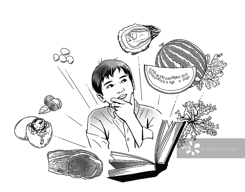 黑白线描速写 课本 语文书 美食 西瓜 小学 咸鸭蛋 生蚝 回忆 童年 味道 荔枝 大豆图片素材