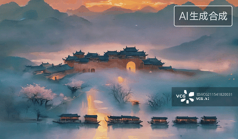 【AI数字艺术】雾中山寺图片素材