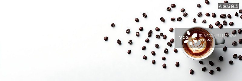 【AI数字艺术】俯视一杯美丽的拿铁咖啡，表面有精致的拉花，周围散落着咖啡豆，大片的白色空间，高分辨率质量和大师级的摄图片素材