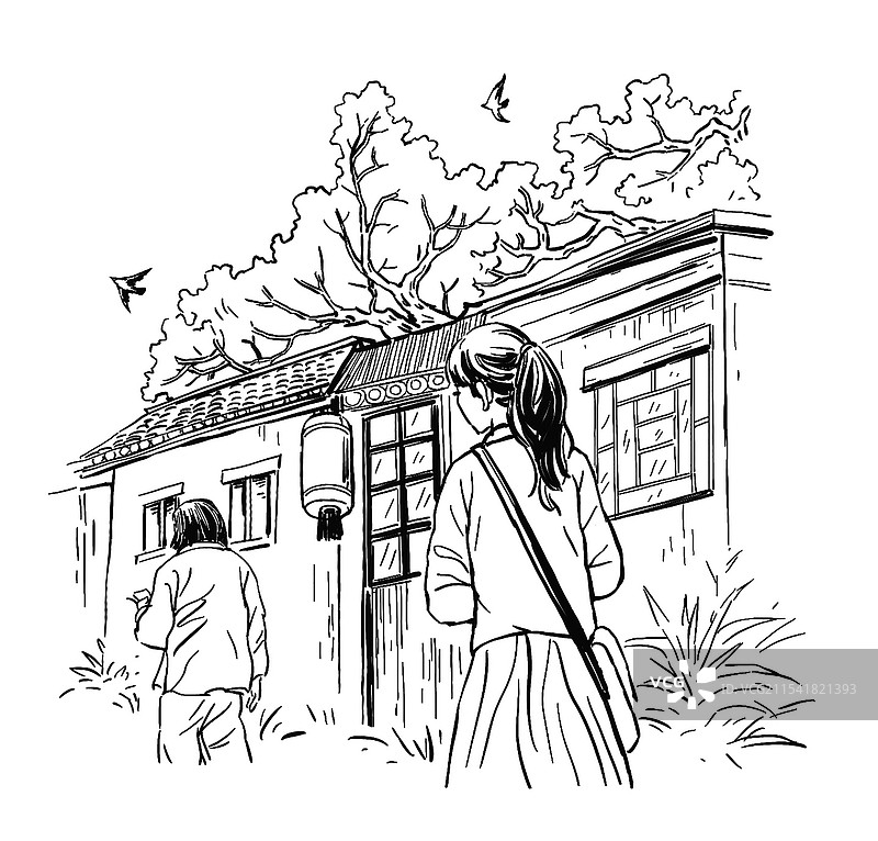 黑白线描速写 手绘爷爷 奶奶 回忆 童年 老人 插图背影 老人 母亲 父亲 往事 做美食 院子玩耍图片素材