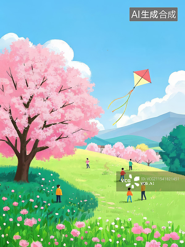 【AI数字艺术】公园桃花盛开，儿童放风筝，春天春分节气概念插画图片素材