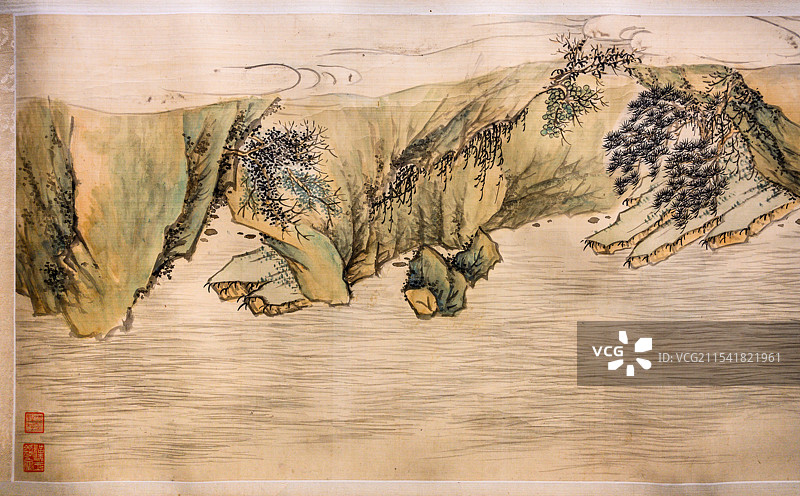 天津博物馆，清代赵之琛《赤壁图卷》局部图片素材