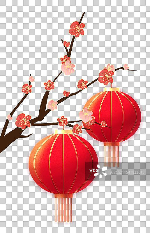 新年梅花树上挂着红灯笼元素图片素材