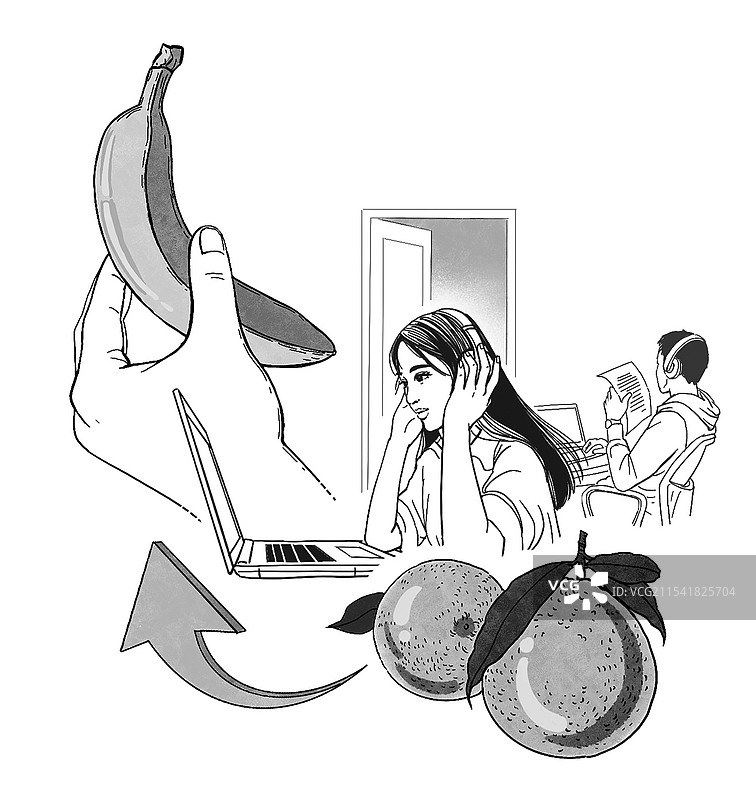 黑白插画 手绘  职场  心理 环境 办公室 城市 年轻人 压力 健康  香蕉 橘子 水果 效应图片素材