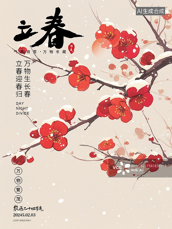 【AI数字艺术】春天节气插画海报模版-立春 雪天的梅花树枝古典国画 春天盛开的腊梅 竖版图片素材