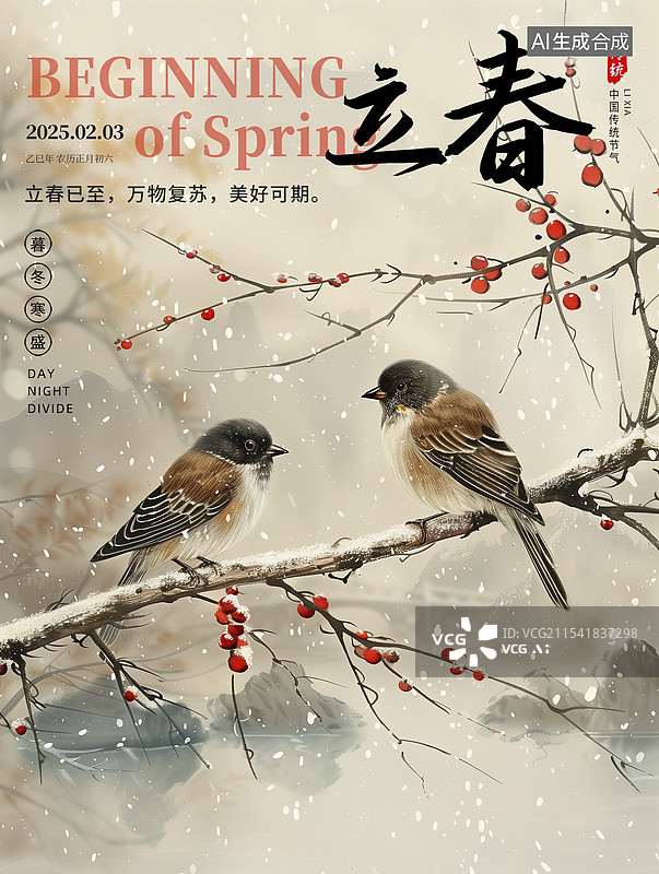 【AI数字艺术】二十四节气系列插画海报模版-春天-立春 中国风雪中盛开的梅花枝头上的两只小鸟 自然风景画 竖版图片素材