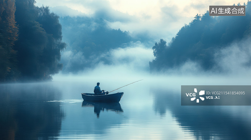 【AI数字艺术】中国风水墨画湖泊雾气仙境老人垂钓画面图片素材