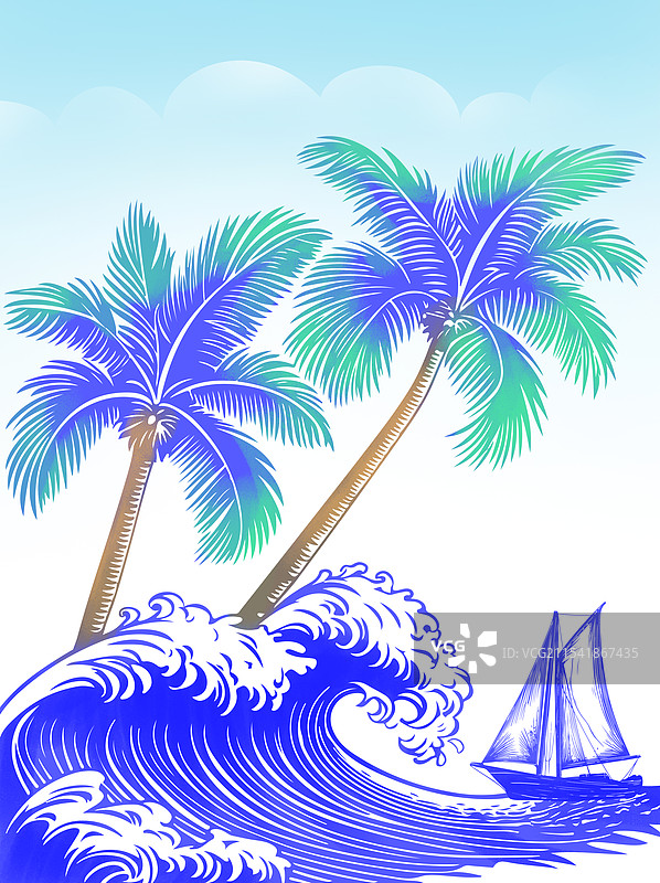 手绘椰树海浪帆船海边风景插画图片素材