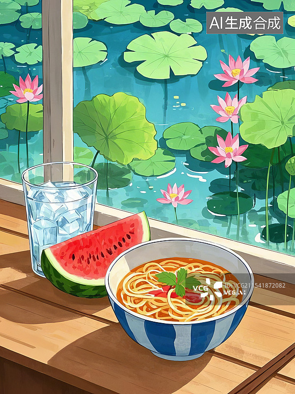 【AI数字艺术】西瓜荷花夏至面，夏天夏至概念插画图片素材
