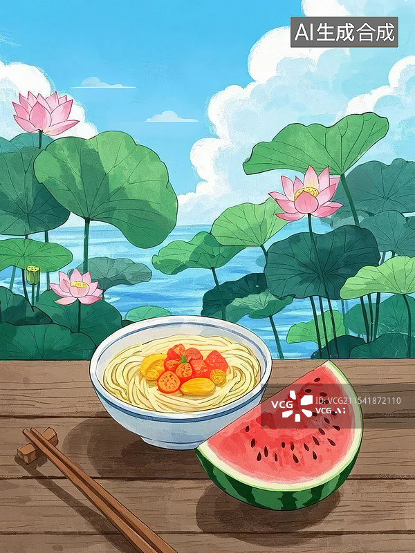 【AI数字艺术】西瓜荷花夏至面，夏天夏至概念插画图片素材