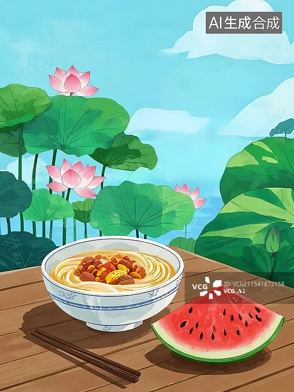 【AI数字艺术】西瓜荷花夏至面，夏天夏至概念插画图片素材