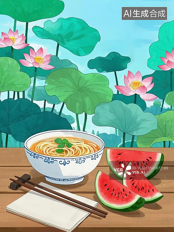 【AI数字艺术】西瓜荷花夏至面，夏天夏至概念插画图片素材