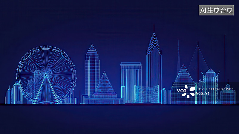 【AI数字艺术】蓝光城市天际线轮廓图片素材