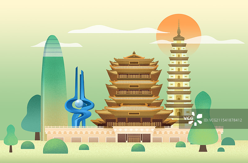 山东济南地标建筑超然楼泉标辟支佛塔扁平插画图片素材