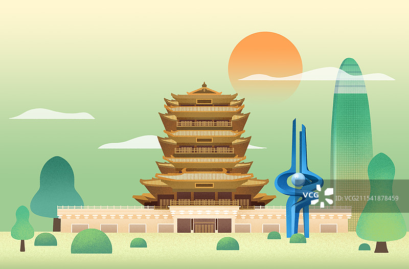 山东济南地标建筑超然楼泉标扁平插画图片素材