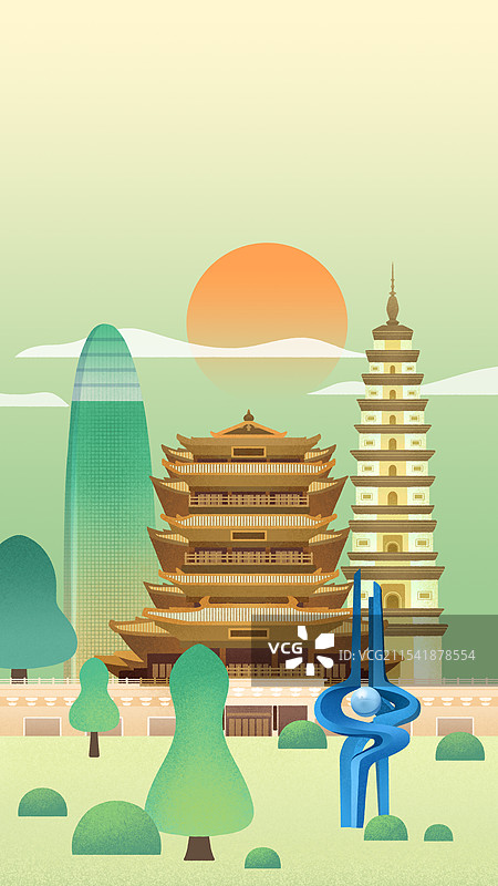 山东济南地标建筑超然楼泉标辟支佛塔扁平插画图片素材