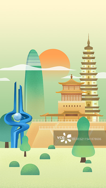 山东济南地标建筑泉标解放阁辟支佛塔扁平插画图片素材