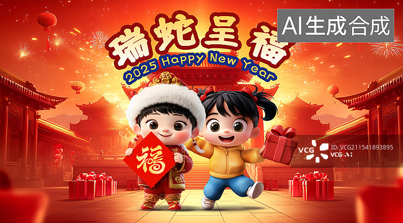 【AI数字艺术】蛇年春节海报，春节可爱风海报图片素材