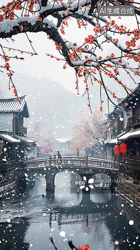 【AI数字艺术】冬天节气大寒古建风景插画图片素材