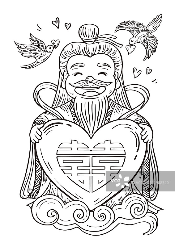 黑白线条版画风格Q版喜神图片素材