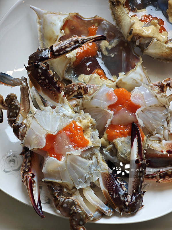 梭子蟹 肥美的梭子蟹切成块 生的蟹黄 母蟹的性腺 舟山渔场海产品 高嘌呤饮食 尿酸胆固醇升高图片素材