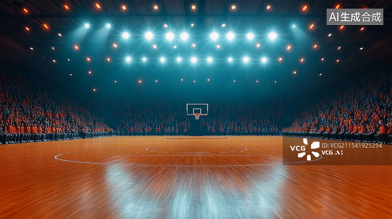 【AI数字艺术】灯光背景下空旷室内篮球场图片素材